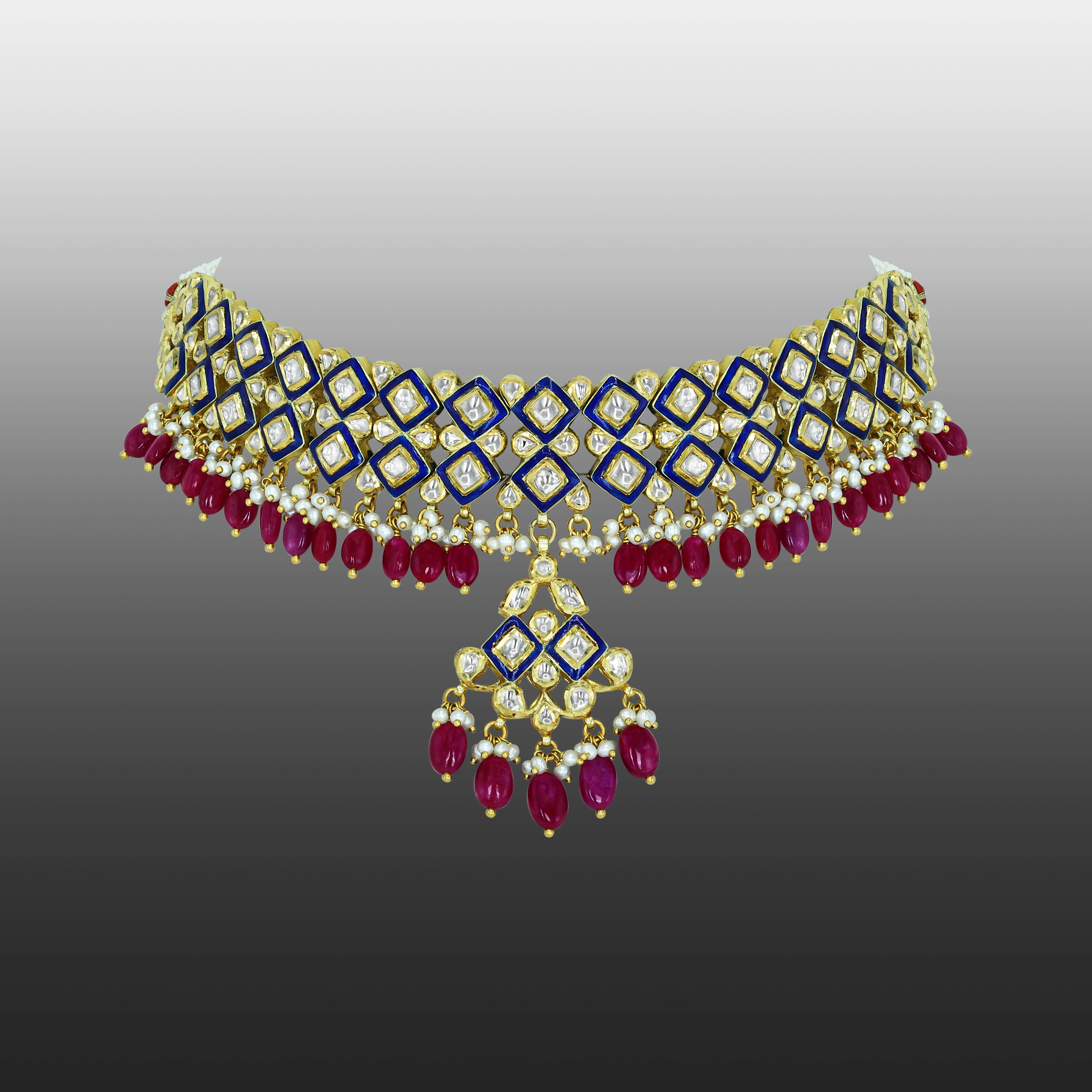 Polki Choker with Blue Enamel, Ruby Drops, and Culture Pearls